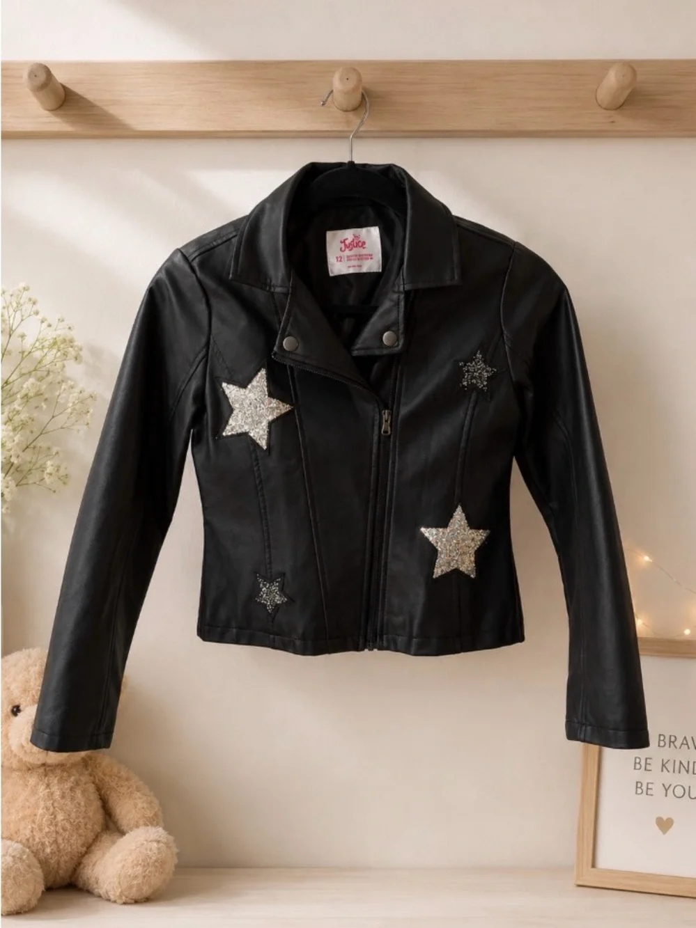 Kids Black Faux Leather Jacket with Glitter Stars